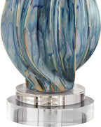 Possini Euro Design Teresa Coastal Modern Table Lamp with Round Riser 32.5" Tall Blue Teal Drip Ceramic Beige Drum Shade Living Room Bedroom House Bedside Nightstand Home Office (Color May Vary)