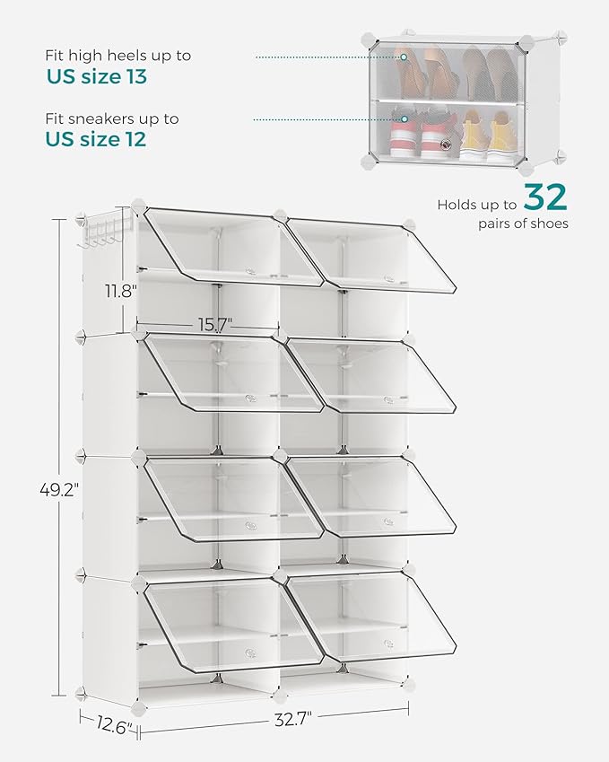 SONGMICS Shoe Rack Organizer, 8-Tier Shoe Storage Cabinet for Closet and Entryway, Holds 32 Pairs of Shoes, Adjustable, Cloud White and Trasparent ULPC034W01