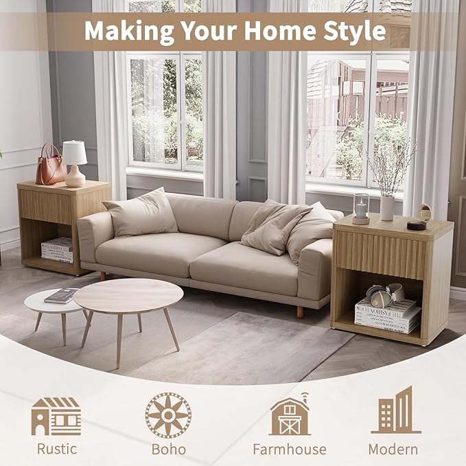 Large Modern Nightstand with Drawer Storage 22.8Inch Wide Fluted Bedside Table End Table for Bedroom, Living Room, Sofa, Couch, Home Office，Mid Century Bed Stands