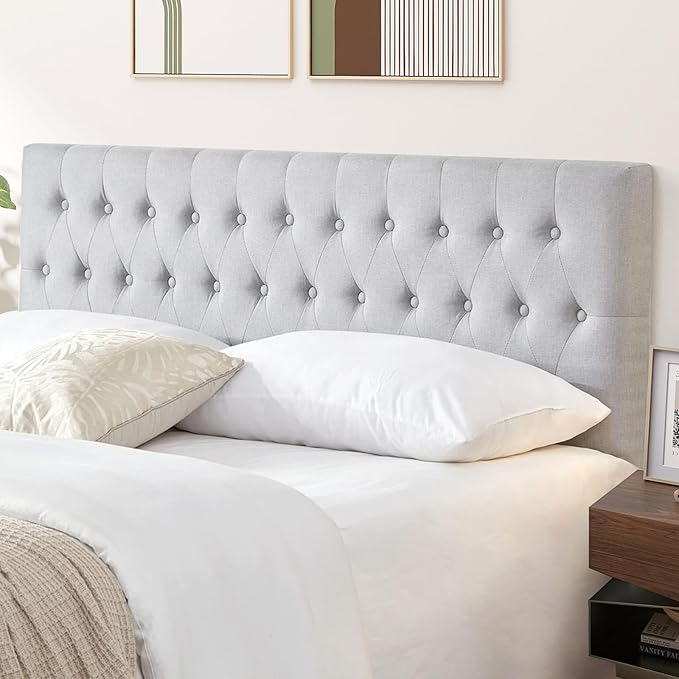 Kingfun Headboards for King Size Bed in Modern Button Design, Premium Linen Fabric Upholstered Tufted Bed Headboard, Adjustable Solid Wood Head Board, Grey