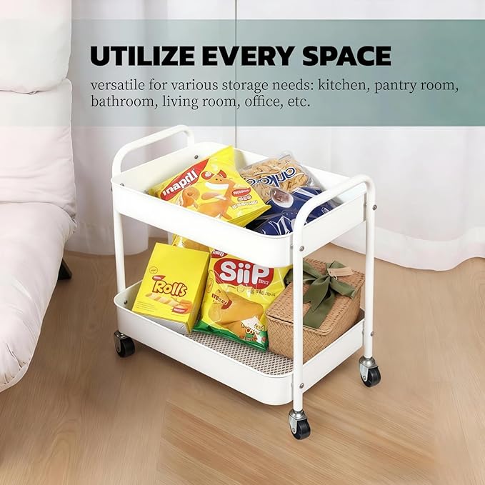 Under Desk Storage Cart 2 Tier Utility Rolling Cart with Wheels, Small Metal Mobile Trolley with Handle Two Tiered Utility Organizer Roller for Kitchen Office Bathroom Pantry Room, White