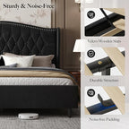Belffin Queen Bed Frame with Headboard, Luxury Upholstered Velvet Platform Bed with Wingback, Button Tufted & Nailhead Trim, Anti-Slide Tall Footboard, No Box Spring Needed, Noise-Free, Black