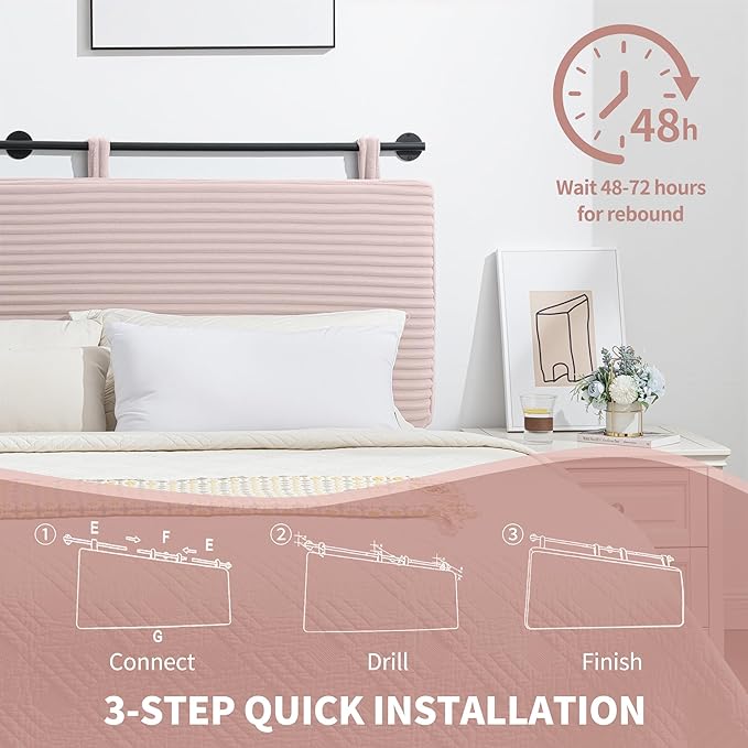 UEV King Headboard Only, Wall Mounted Hanging Upholstered Bed Head Board, Modern Vertical Channel Design of Fine Flannel, Elegant Pink Fluted Headboard for Bedroom (Pink, King Size)
