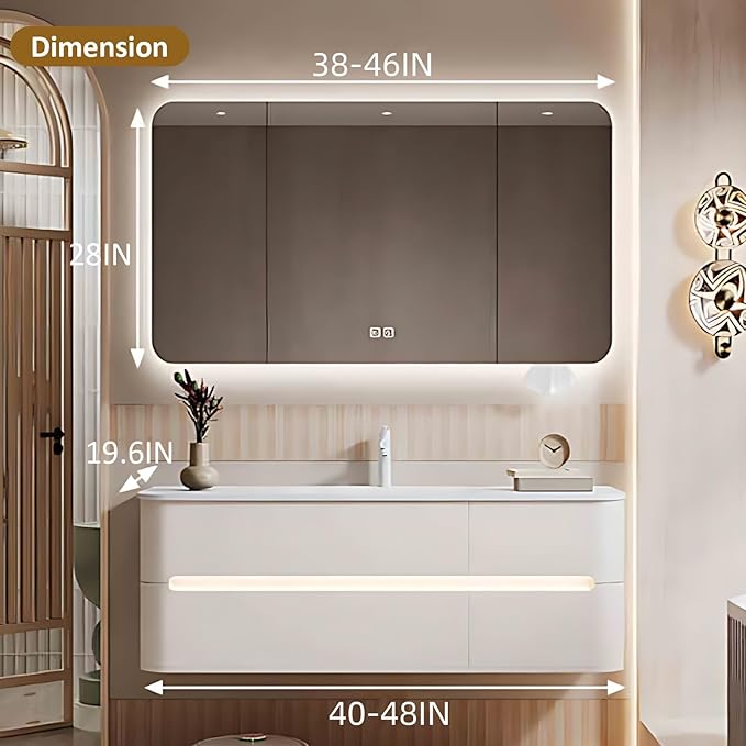 44IN Bathroom Vanity - Bathroom Vanity with Sink with Intelligent Induction Light | Wall-Mounted Bathroom Vanity with Intelligent LED Mirror Cabinet & 6 Drawers, Cream Color