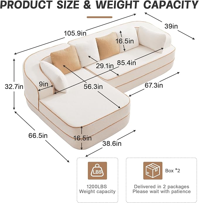 Cloud Sectional Sofa Modern Boneless Couch for Living Room, Comfy Deep Seat Comfy Teddy Fabric Double Sofa Chaise No Assembly Required (White, 106" L Shape with Left Facing)