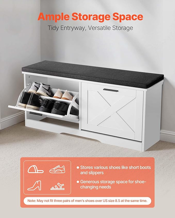 VEVOR Shoe Storage Bench with 2 Flip Drawers & Padded Cushion, Entryway Bench with Adjustable Shelves, Holds up to 440 lbs, 39.4 x 12.0 x 18.7 Inches, for Entryway, Hallway, Living Room, Bedroom