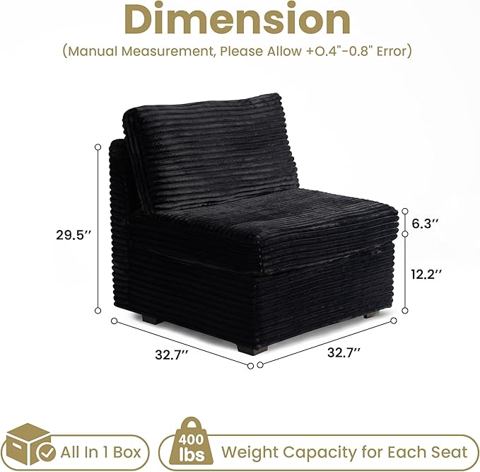 32.7'' Middle Seat for Modular Sectional Sofa, Deep Seat Upholstered Armless Chair Sleeper Sofas, L/U/V Shaped Plush Corduroy Cloud Couch for Living Room Apartment, Black