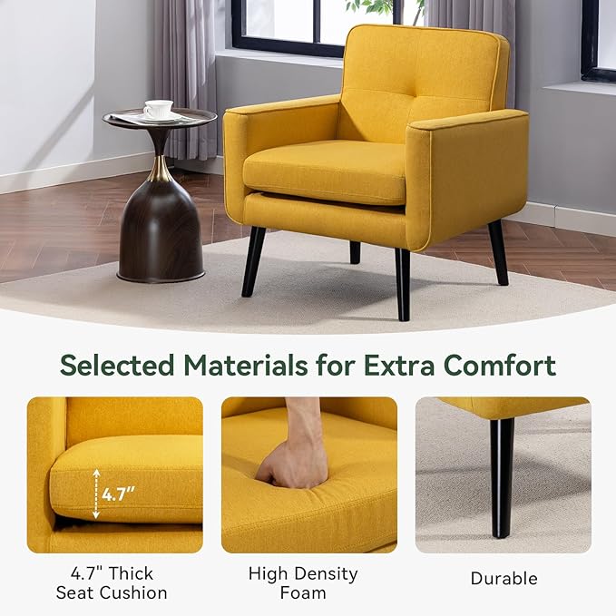 Accent Chair Set of 2, Fabric Modern Chair with Wooden Frame, Cozy Armchair Reading Chair with Comfy Back for Apartment, Living Room, Bedroom, Waiting Room, Small Space, Corner, Yellow
