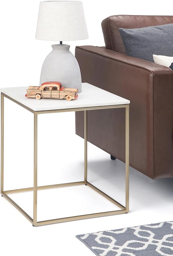 SIMPLIHOME Kline Modern 18 inch Wide Metal Accent Side Table in White, Gold for the Living Room and Bedroom
