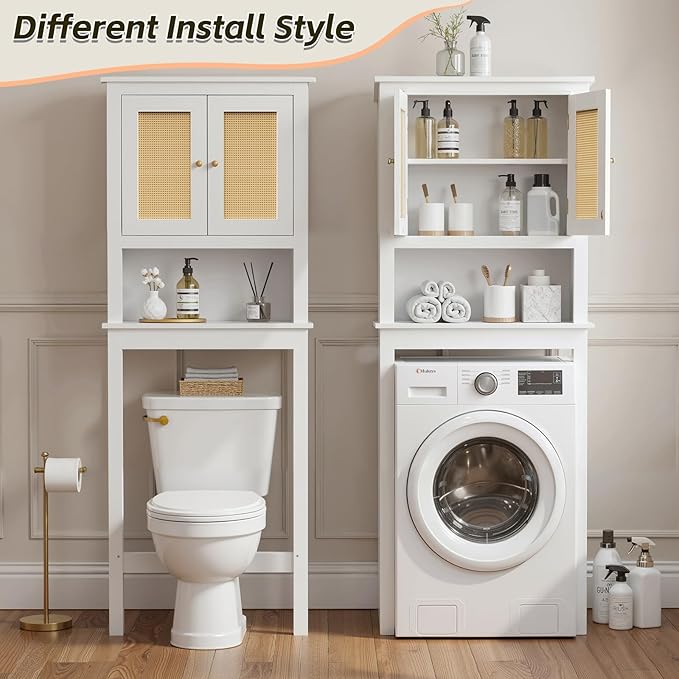 Over The Toilet Storage Cabinet, Behind Toilet Bathroom Organizer with Adjustable Shelves, Above Toilet Organizers with Rattan Door, Space Saver for Restroom, Bathroom, Laundry