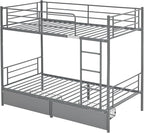 Karl home Grey Bunk Bed Twin Over Twin with 2 Storage Drawers, Metal Bunk Bed with Built-in Ladder and Safety Guardrail, Space-Saving Twin Bunk Beds for Kids, Teens & Adults, No Box Spring Needed