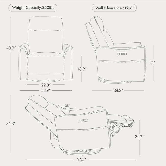 Watson & Whitely Power Swivel Rocker Recliner, Reclining Chair with Memory Foam for Living Room, Faux Leather RC011 (Camel)