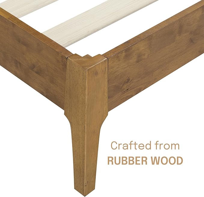 NTC Ruby Wooden Bed Frame with Headboard and Natural Rattan, Solid Oak/Rubber Wood Foundation with Silent Slats, 1000 Lb Capacity, Effortless Assembly Queen - Teak Look