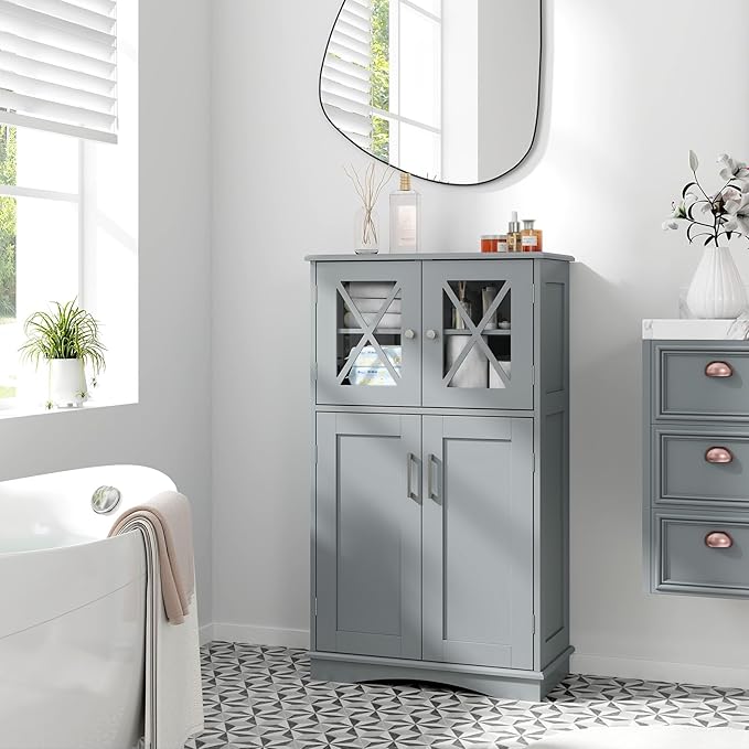 Giantex Bathroom Floor Storage Cabinet - Linen Floor Cabinet with Doors and Adjustable Shelves, Freestanding Side Storage Organizer for Bathroom, Living Room, Entryway, Kitchen Storage Unit (Grey)