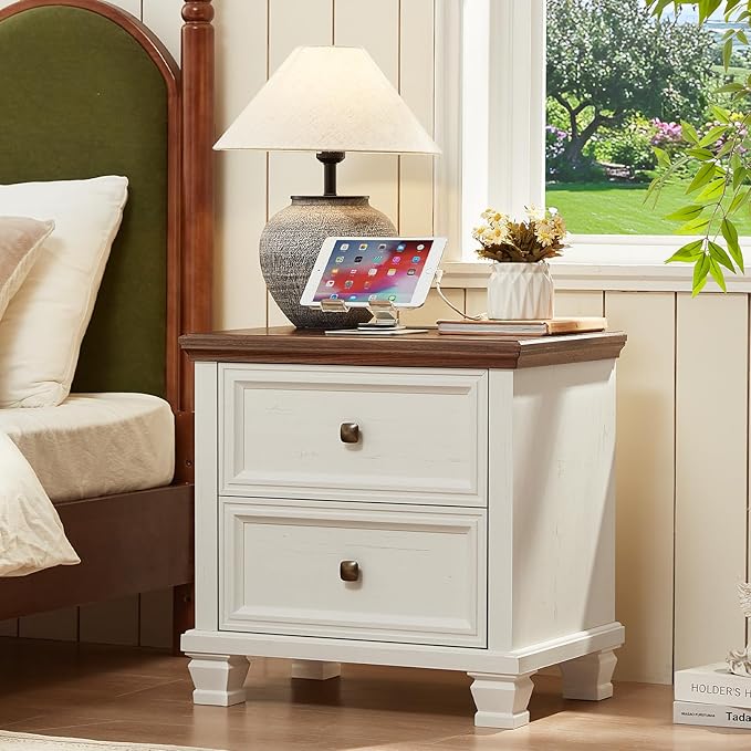 Farmhouse Bedroom Dresser and Nightstand Set of 4, 6 Drawer Low & 5 Drawers Dresser & 2 Drawer Nightstand Set, Rustic Wood Bedroom Furniture Set for Livingroom, Hallway, White