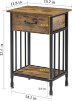 VECELO Nightstands, Industrial Side Table/End Tables with Drawer and Storage Shelf, Night Stands for Bedroom, Living Room, Wood Metal Furniture, Easy Assembly,Antique Brown,2 Sets