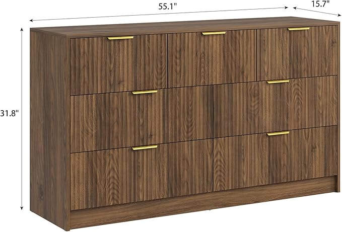 3-Piece Modern Bedroom Furniture Set, Wide 7-Drawer Dresser & 2-Drawer Nightstands Set of 2, Natural Wood Dresser and Nightstand Sets for Bedroom, Hallway, Walnut