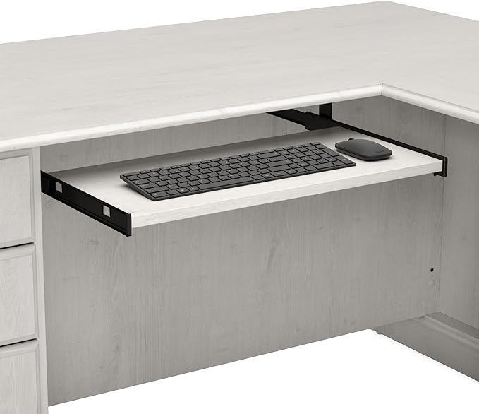 Bush Furniture Saratoga L Shaped Computer Desk with Drawers and Storage in Linen White Oak | Large Corner Office Table for Workspace