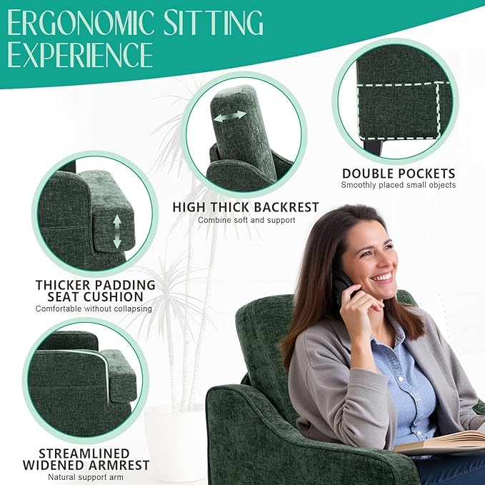 Modern Accent Chair for Bedroom Upholstered Reading Chair with Side Pockets Comfy Living Room Chairs Living Room Armchair for Office, Apartment (Green Chenille)