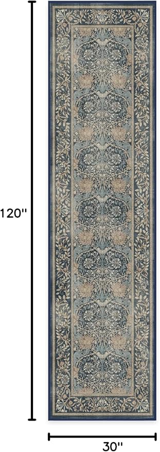 RUGGABLE x Morris & Co Machine Washable Runner Rug – Honeysuckle & Tulip Blue 2.5x10, Stain-Resistant, Non-Slip – Washable Rug for Hallway, Entryway, Living Room & Kitchen–with Cushioned Pad