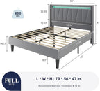 Allewie Full Size LED Bed Frame with Charging Station, Velvet Upholstered Platform Bed with Geometric Wingback Headboard, Modern Frame with No Box Spring Needed, Easy Assembly, Grey