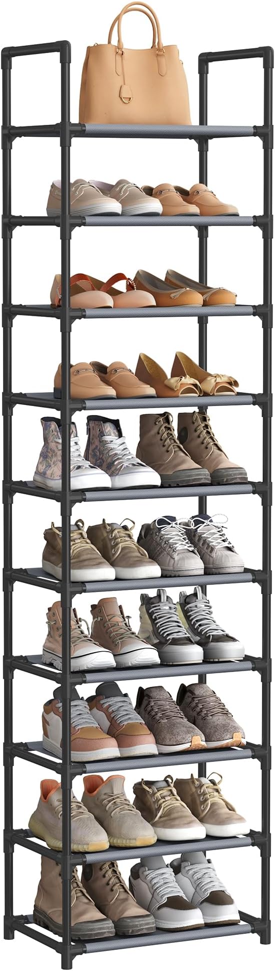 SONGMICS Shoe Rack, 10-Tier Shoe Shelf, Shoe Storage Organizer, 11 x 17.7 x 68 Inches, Metal Frame, Non-Woven Fabric Shelves, for Entryway, Bedroom, Gray ULSH010G01