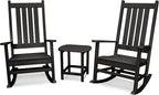 POLYWOOD Vineyard 3-Piece Outdoor Rocking Chair Set with Side Table - Classic Porch Rockers for Patio, Deck & Garden - Fade-Resistant Black HDPE - Traditional American Style Furniture