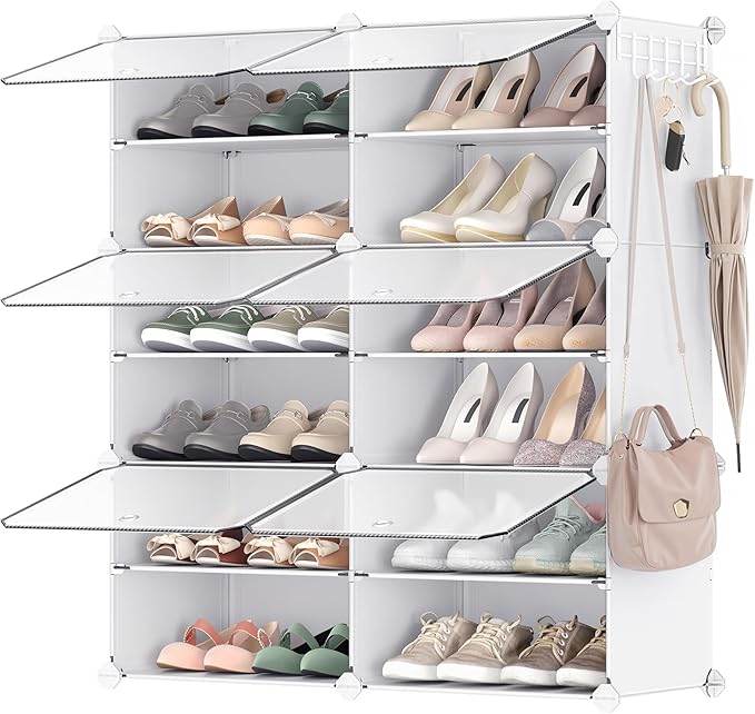 SONGMICS Shoe Rack Organizer, 6-Tier Shoe Storage Cabinet for Closet and Entryway, Holds 24 Pairs of Shoes, Adjustable, Cloud White and Trasparent ULPC033W01