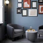 BELLEZE Accent Barrel Chair Set of 2, Modern Tub Club Chair Upholstered Armchair with Gold Nail Head Trim and Black Legs for Living Room Bedroom Apartment Lounge - Gray/Linen