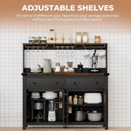 Hutch Storage Cabinet Buffet with Drawers, and Charging Station, Coffee Bar Cabinet with Barn Doors, Wine Rack and Hooks, Countertop, Long Farmhouse, Black, for Kitchen, Dining Room, 54.1" High