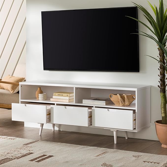 Walker Edison Millie Mid Century Modern 3 Drawer Solid Wood Low Stand for TVs up to 65 Inches, 58 Inch, White