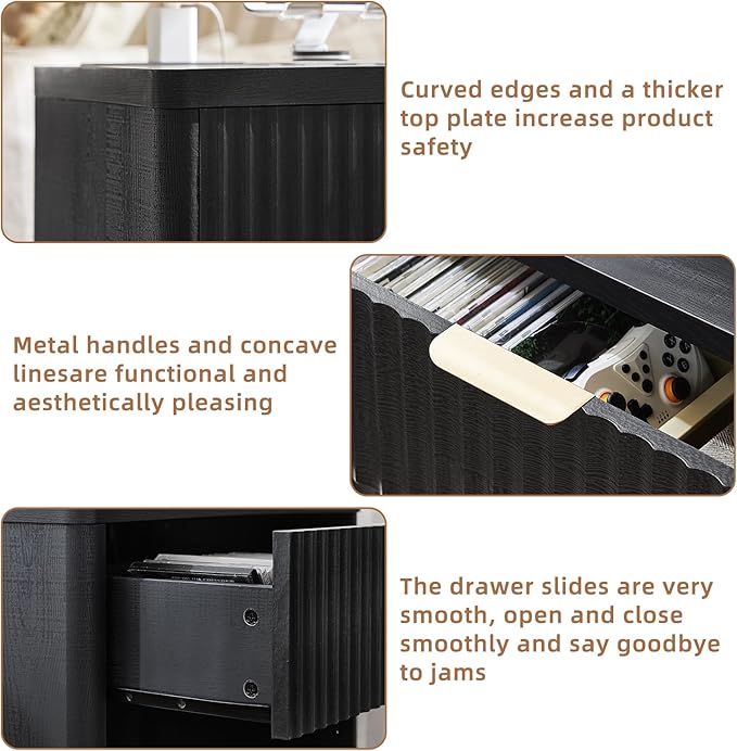 LEYAOYAO Fluted Nightstand with Charging Station, 23" Wide 1 Drawers End Table,Black Night Stand with Open Storage Cabinet, Farmhouse Bed Side Tables, Wood Dresser for Bedroom, Living Room, Closet