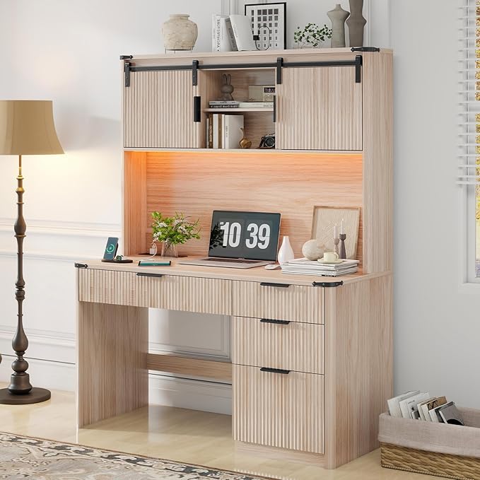 Farmhouse 67" H Executive Desk with Fluted Drawers,4 Drawers Fluted Computer Desk with LED Light,Charging Hub,Wood Workstation with Hutch and Sliding Barn Doors for Work and Study