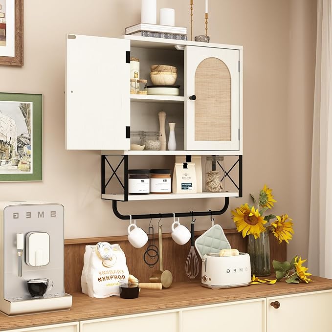 RUSTOWN Rattan Bathroom Wall Cabinet, Boho Over The Toilet Storage Cabinet with Arched Rattan Doors, Modern Medicine Cabinet with Adjustable Shelves & Towel Bar (Vintage White, Medium)