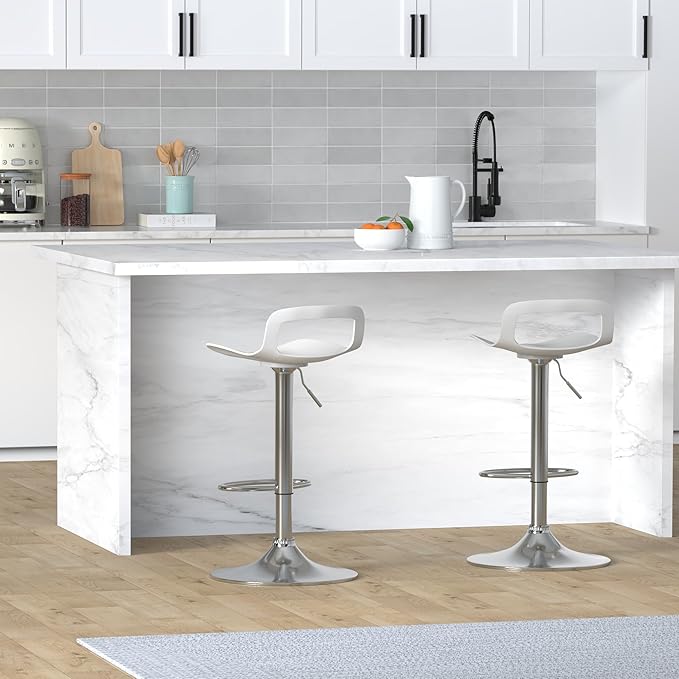 NOBPEINT NOB Contemporary Chrome Air Lift Adjustable Swivel Bar Stool (White, Set of 2)