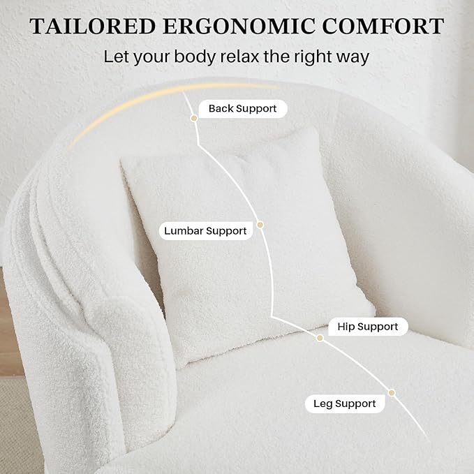 Swivel Accent Chair, 360 Degree Round Swivel Barrel Chair with Pillow, Widened Upholstered Boucle Chair Comfy Sherpa Barrel Armchair for Living Room Bedroom Reading Room, White