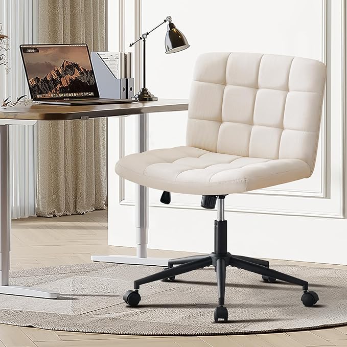 Furnimart Swivel Criss Cross Legged Chair with Wheels for Home Office, Wide Armless Desk Chair Height Adjustable Comfy Seat for Desk,Vanity, Bedroom, Beige