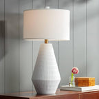 Possini Euro Design Luke 30" Tall Large Geometric Mid Century Modern Coastal End Table Lamp White Finish Single Fabric Shade Living Room Bedroom Bedside Nightstand House Office Home Reading