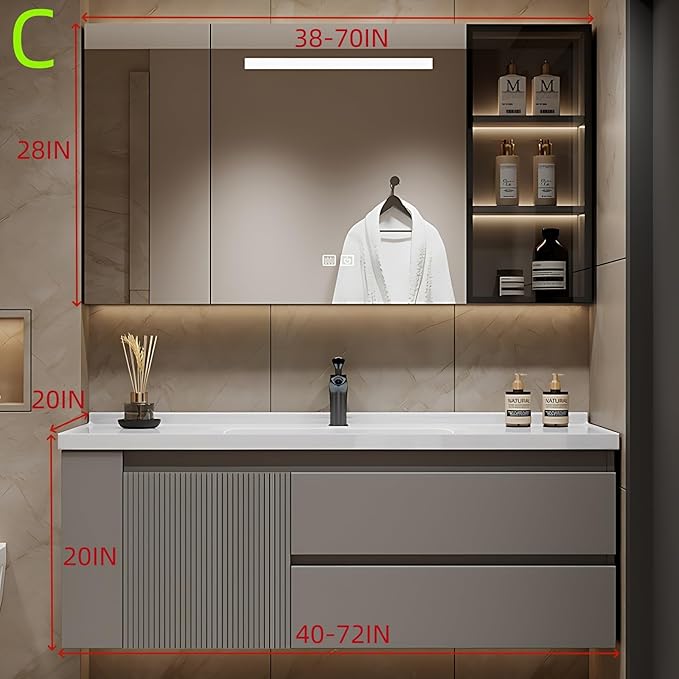 52IN Suspended Bathroom Cabinet Combo Set - Fully Functional LED Mirror with Smart Defogging & Time Display | Bathroom Vanity with Sink,Side Cabinet Storage Compartment (Style C)
