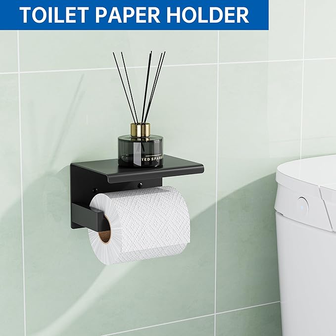 10-Pieces Bathroom Hardware Set, SUS304 Stainless Steel Wall Mounted 16 Inch Towel Bar, Toilet Paper Holder, Towel Hooks, Bathroom Towel Bar Set (Matte Black (Type 2), 10 Piece-16 inch)