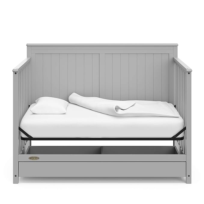 Graco Hadley 5-in-1 Convertible Crib with Drawer (Pebble Gray) – GREENGUARD Gold Certified, Crib with Drawer Combo, Full-Size Nursery Storage Drawer, Converts to Toddler Bed, Daybed