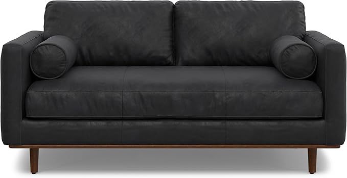 SIMPLIHOME Morrison 72-inch Wide Sofa in Lead Black Genuine Leather, Mid-Century Modern-Style Loveseat for Living Room, Single Bench Cushion, Removable Back Cushions, 2 Bolster Pillows