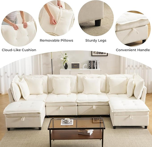 133" Modular Sectional Sofa, Comfy Cloud Couch Sectional Sofa with Large Storage, Chenille Sofa Sleeper Deep Seat Sofa with Throw Pillows for Living Room, U Shaped Sofa, White