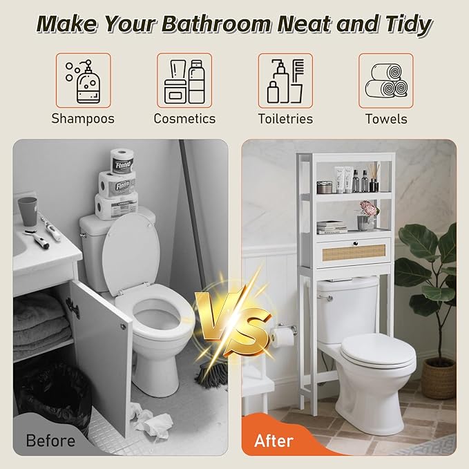 Over The Toilet Storage Cabinet, Behind Toilet Bathroom Organizer with Adjustable Shelves, Above Toilet Organizers with Rattan Door, Space Saver for Restroom, Bathroom, Laundry