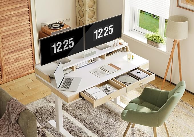 Claiks Electric Adjustable Standing Desk with Drawers, Sit Stand Up Desk with Storage Shelves & Wheels, 55 Inch White