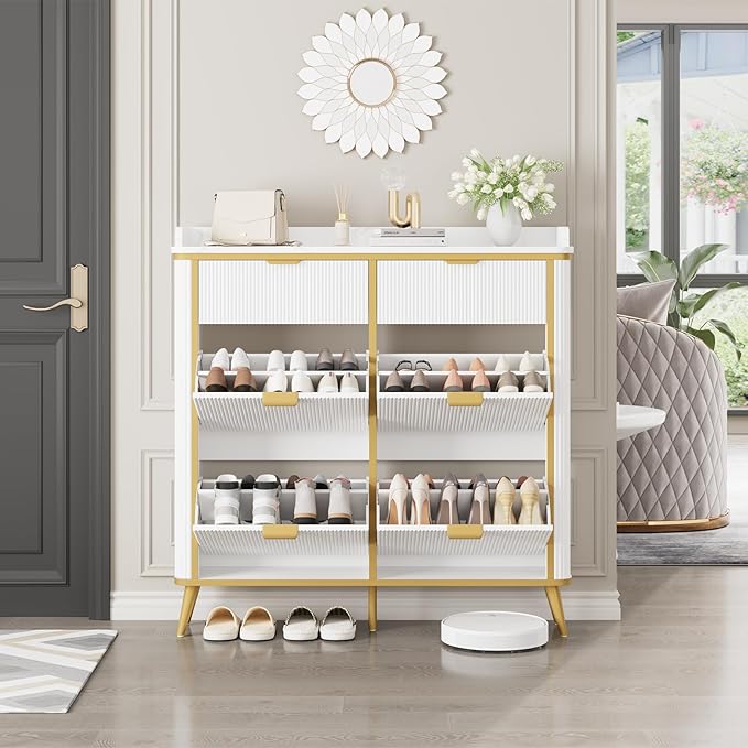 Fluted Shoe Cabinet Storage, Freestanding Hidden Shoe Organizer with 4 Flip Drawers & 2 Drawers, Wood Narrow Shoe Rack Cabinet with Adjustable Shelves for Entryway, Foyer, Hallway, White