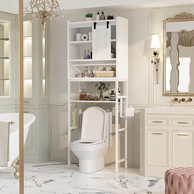 AWQM Over The Toilet Storage CabinetFreestanding Bathroom Organizer with AdjustableShelf & Paper Hook,Space-Saving Toilet Rack,White Retro Style (White, Sliding Door)
