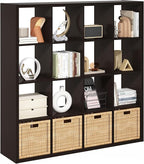 Furinno Cubicle Book Shelf, 16-Cube Thick Frame Bookshelf, Reversible Bookcase with Open Back, 14.6 x 57.8 x 58, for Living Room, Bedroom, Home Office, Black Dark Oak