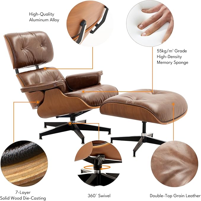 Top Grain Leather, Mid Century Chaise Lounge Chair and Ottoman, Reading Chair, Leather Accent Chair, Modern Chair, Classic Design, for Living Room Lounge Office,Retro Aged Leather, Walnut,Heightening