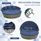 COSTWAY Patio Round Daybed with Retractable Canopy, Wicker Furniture Sectional Couch with Separate Cushioned Seats, Adjustable Table Top, Patio Rattan Daybed Set for Patio, Backyard, Poolside (Navy)